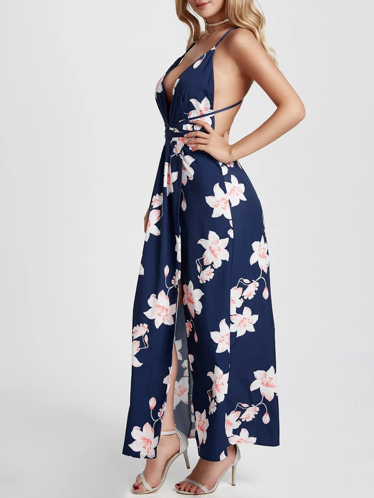 Wholesale Deep V Neck Sleeveless Floral Print Backless Slit Hem Maxi Dress