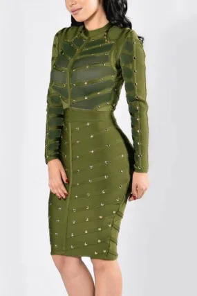 Wholesale Green Crew Neck Long Sleeve Midi Dress