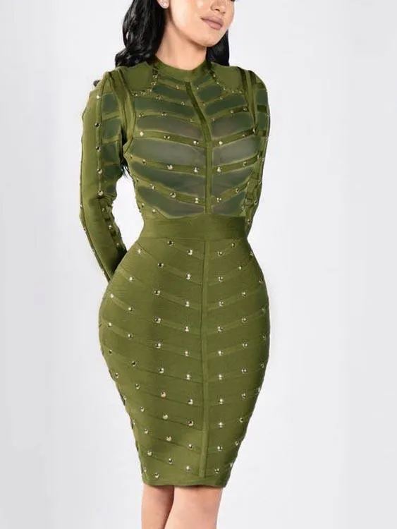 Wholesale Green Crew Neck Long Sleeve Midi Dress