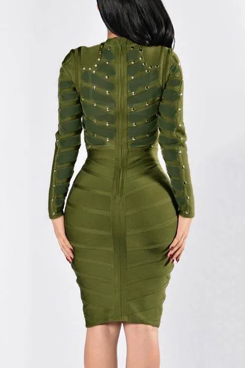 Wholesale Green Crew Neck Long Sleeve Midi Dress