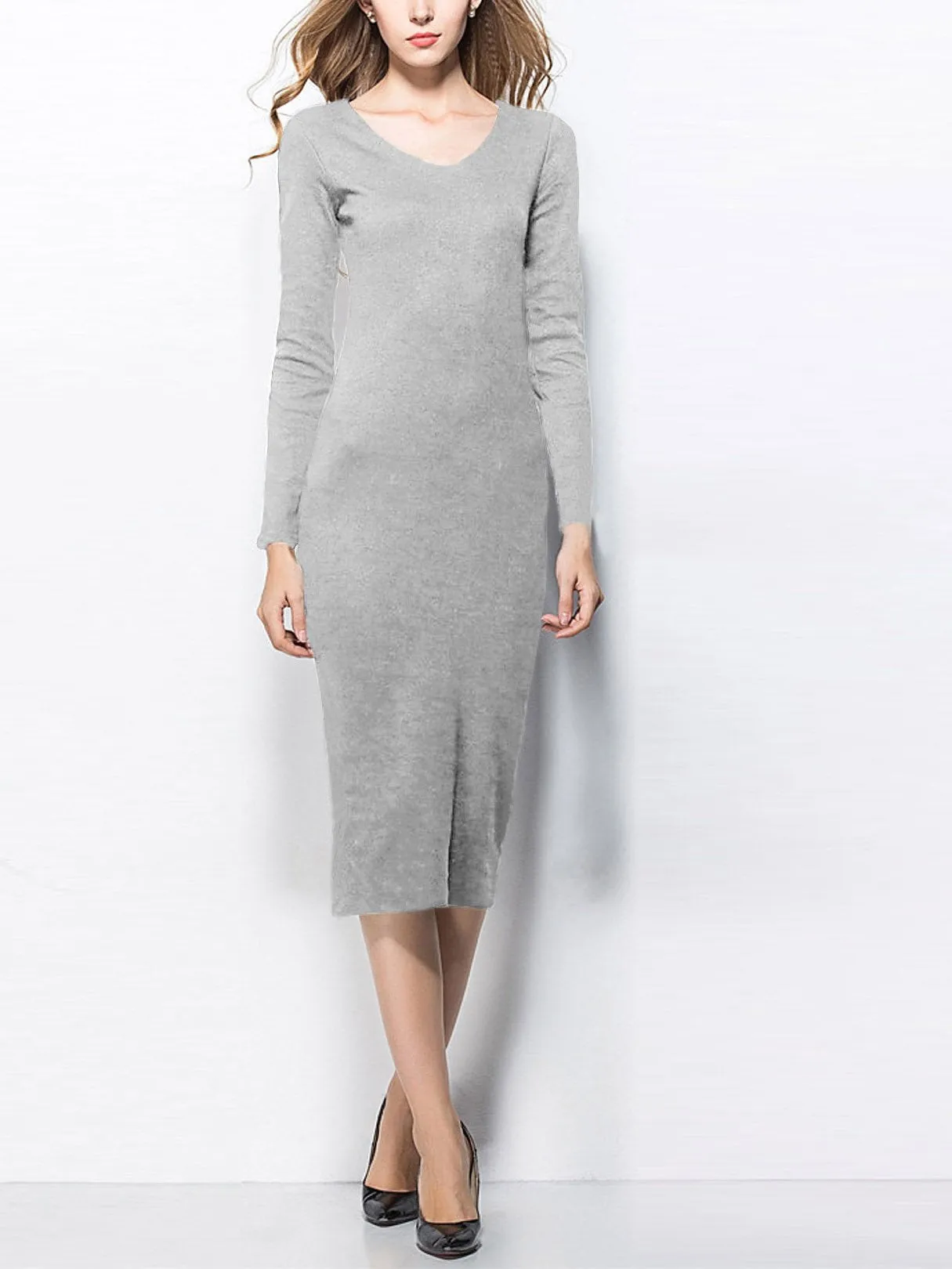 Wholesale Grey Round Neck Long Sleeve Midi Dress