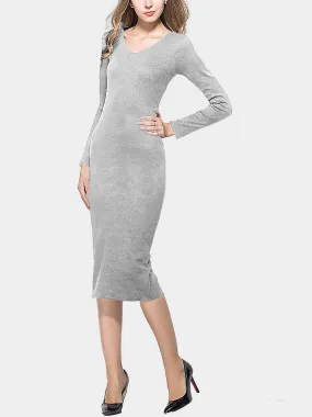 Wholesale Grey Round Neck Long Sleeve Midi Dress