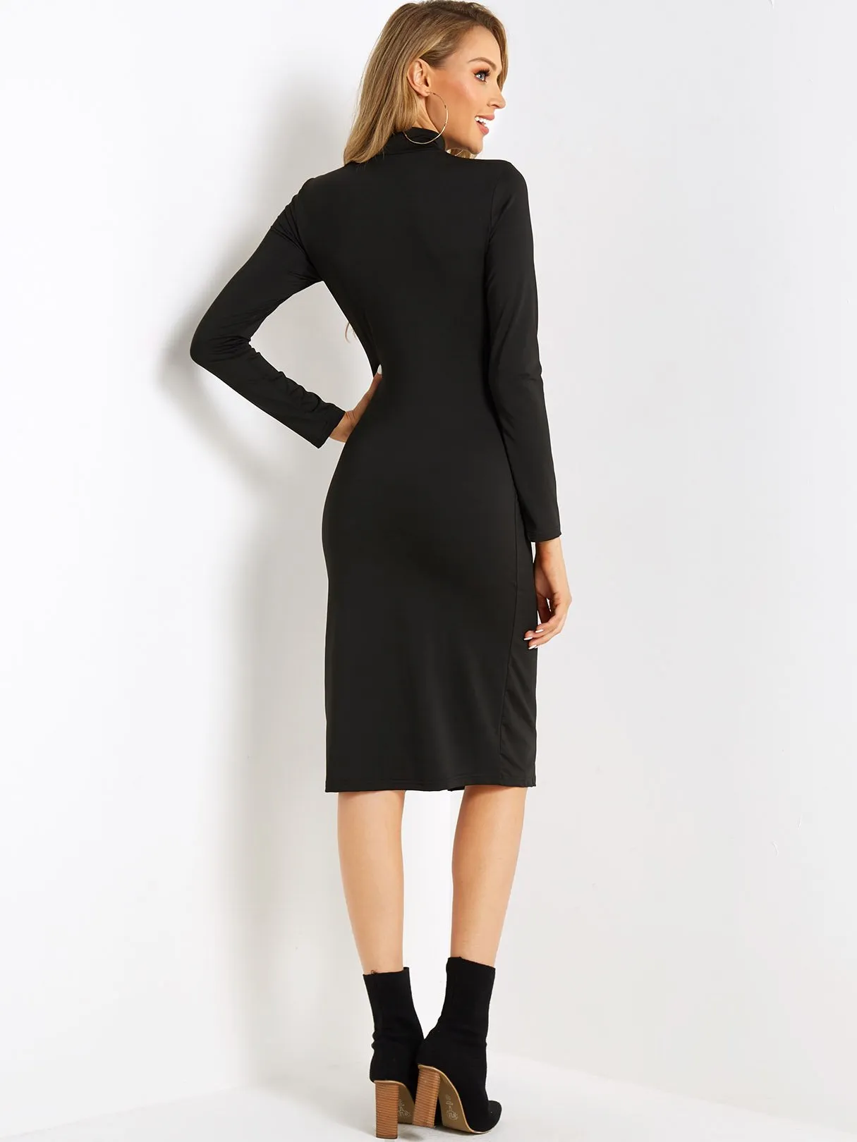 Wholesale Long Sleeve Plain Slit Hem Midi Dress