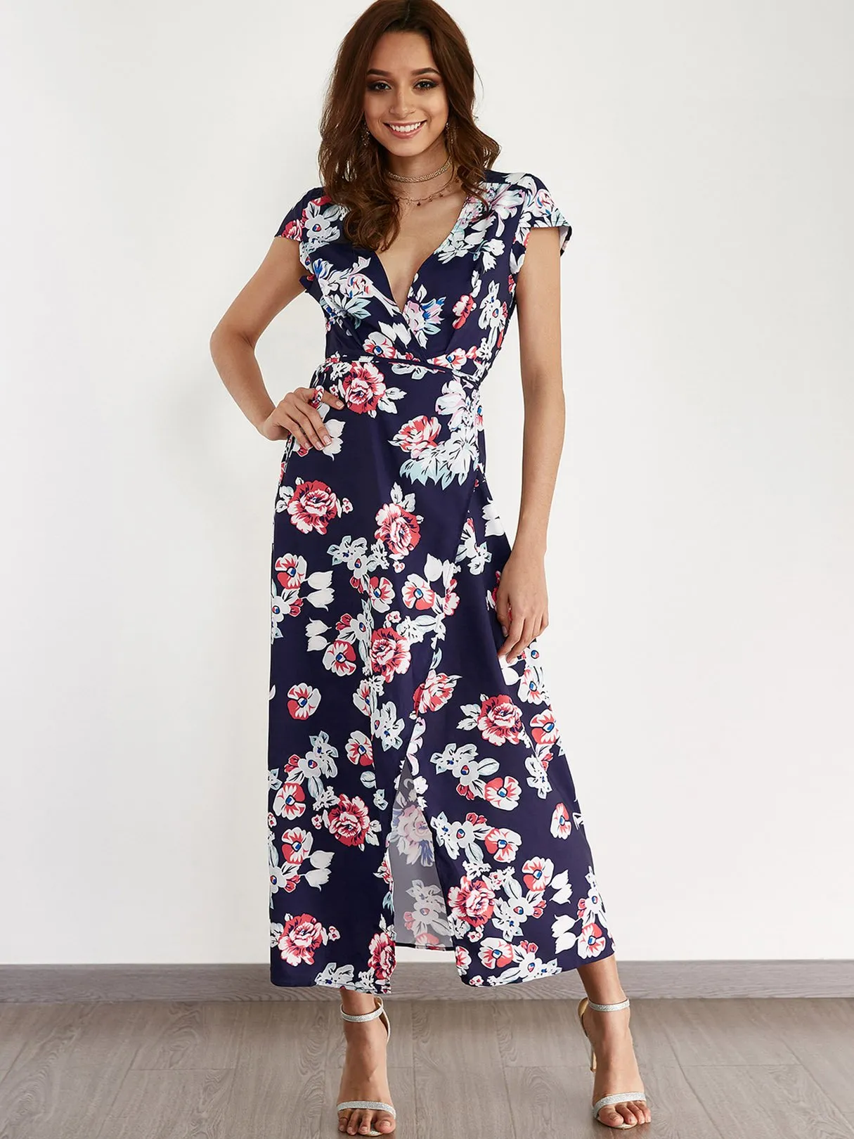 Wholesale Navy Deep V Neck Short Sleeve Floral Print Slit Hem Maxi Dress