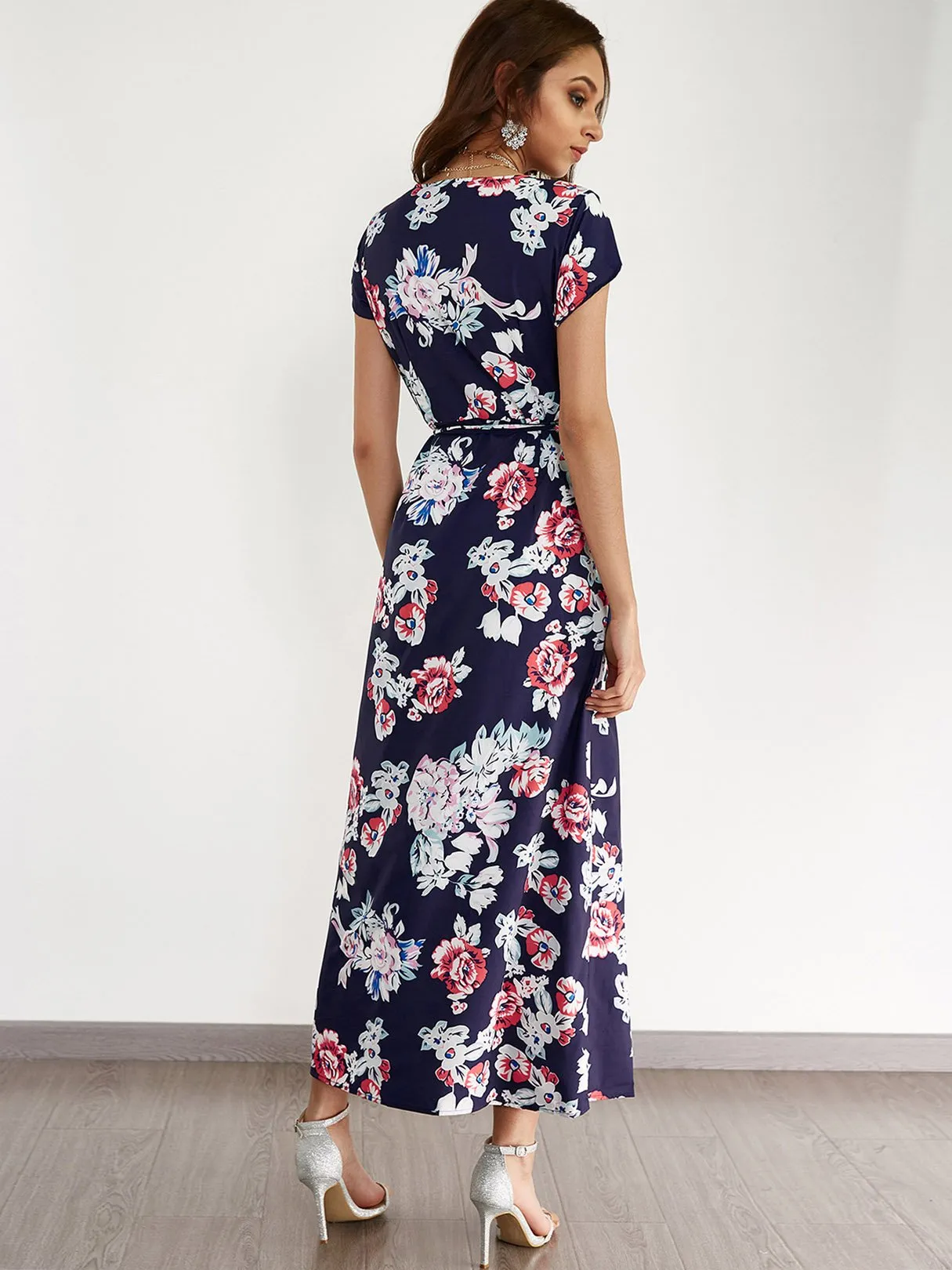 Wholesale Navy Deep V Neck Short Sleeve Floral Print Slit Hem Maxi Dress