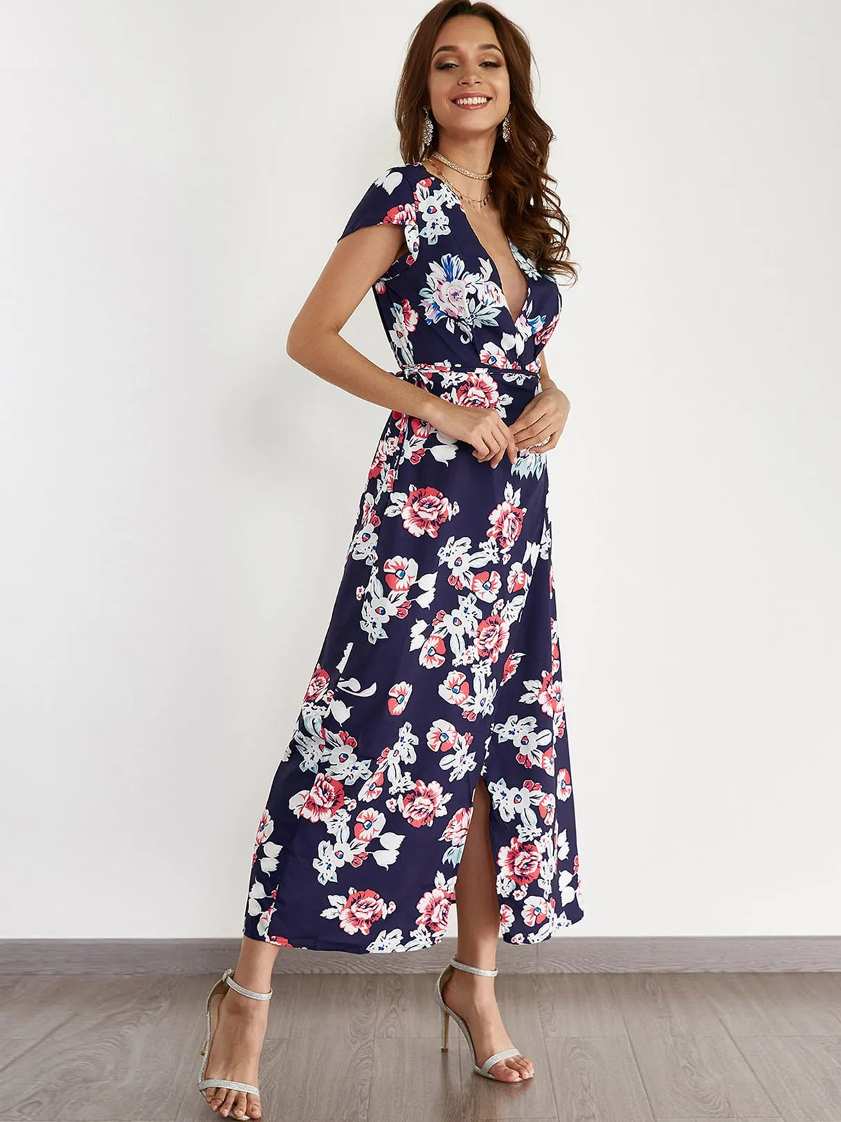 Wholesale Navy Deep V Neck Short Sleeve Floral Print Slit Hem Maxi Dress