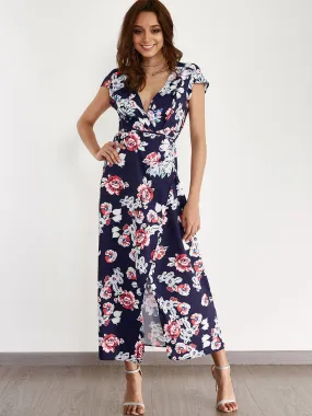 Wholesale Navy Deep V Neck Short Sleeve Floral Print Slit Hem Maxi Dress