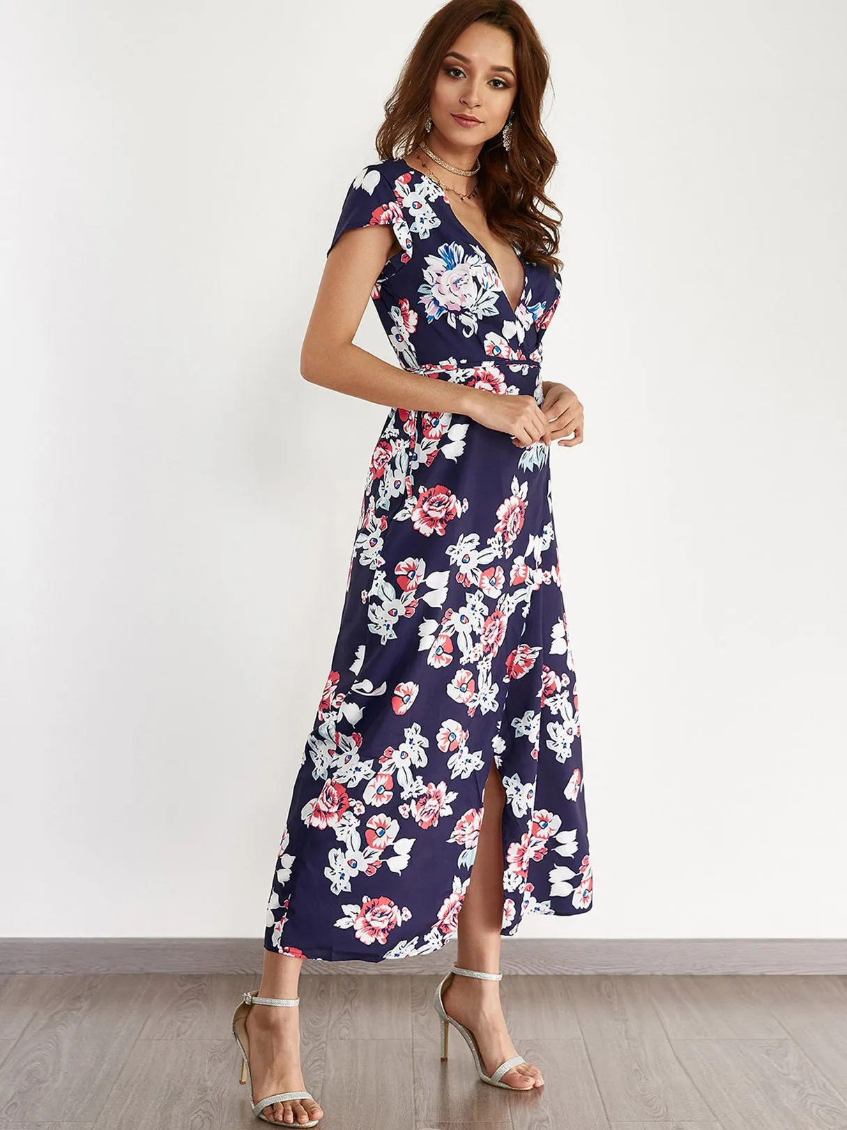 Wholesale Navy Deep V Neck Short Sleeve Floral Print Slit Hem Maxi Dress