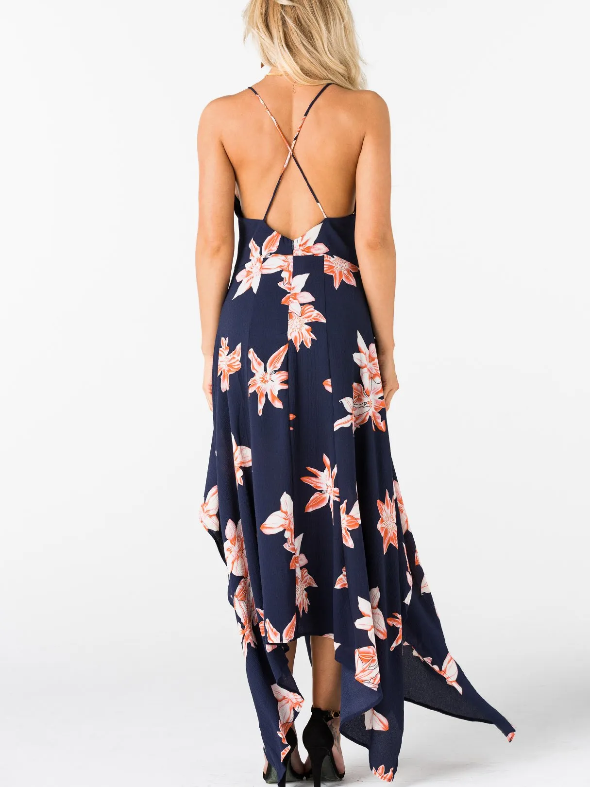 Wholesale Navy Deep V-Neck Sleeveless Floral Print Zip Back Criss-Cross Irregular Hem Maxi Dresses