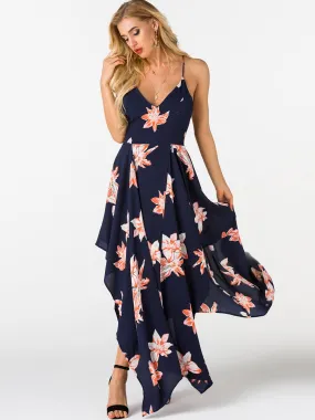 Wholesale Navy Deep V-Neck Sleeveless Floral Print Zip Back Criss-Cross Irregular Hem Maxi Dresses