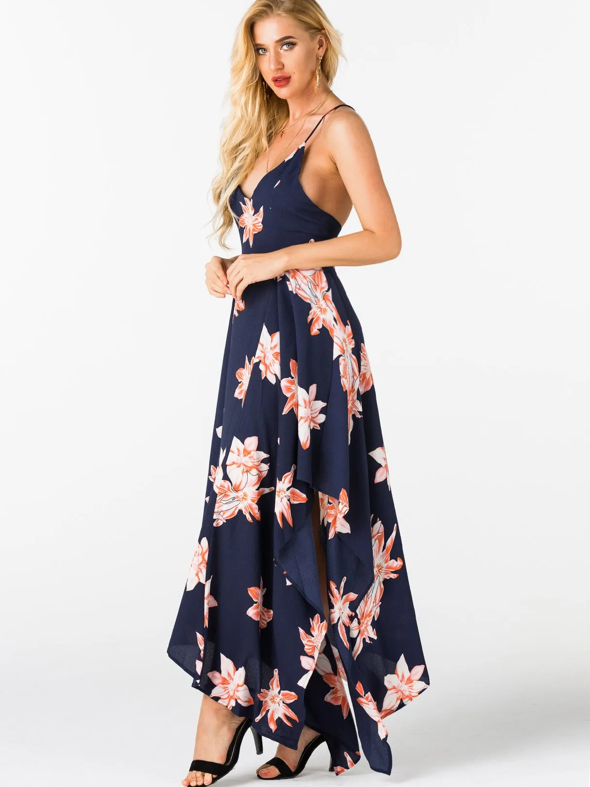 Wholesale Navy Deep V-Neck Sleeveless Floral Print Zip Back Criss-Cross Irregular Hem Maxi Dresses