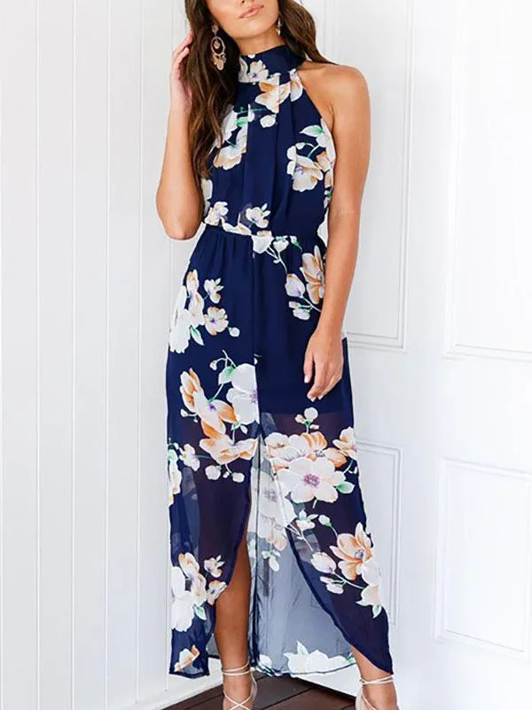 Wholesale Navy Halter Sleeveless Floral Print Backless Slit Hem Maxi Dress