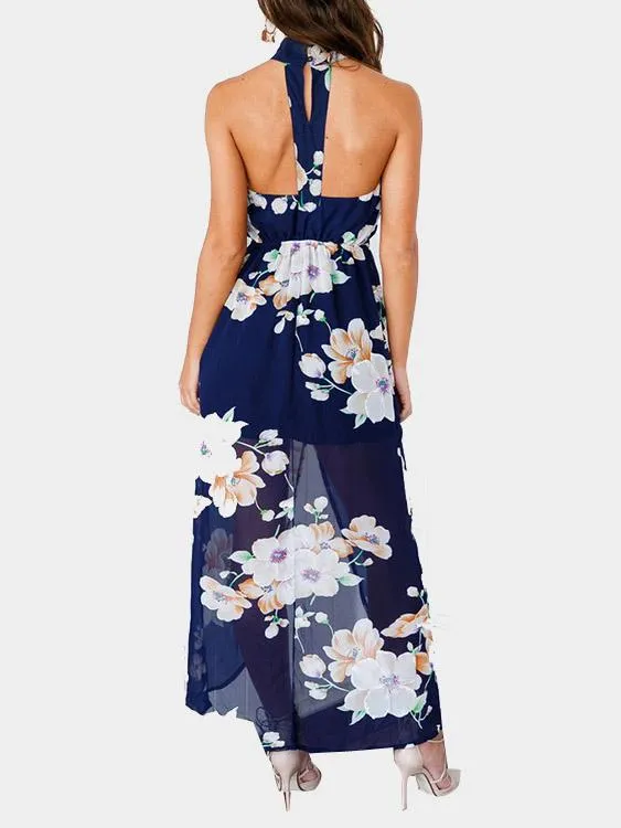 Wholesale Navy Halter Sleeveless Floral Print Backless Slit Hem Maxi Dress