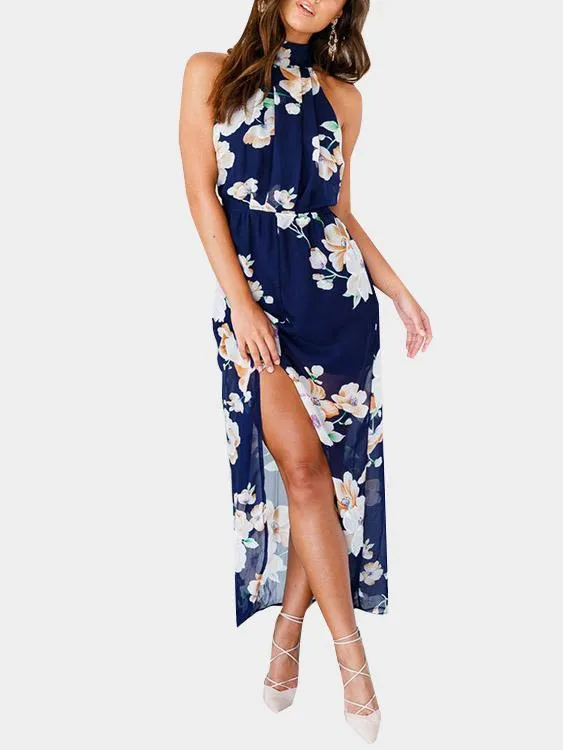 Wholesale Navy Halter Sleeveless Floral Print Backless Slit Hem Maxi Dress