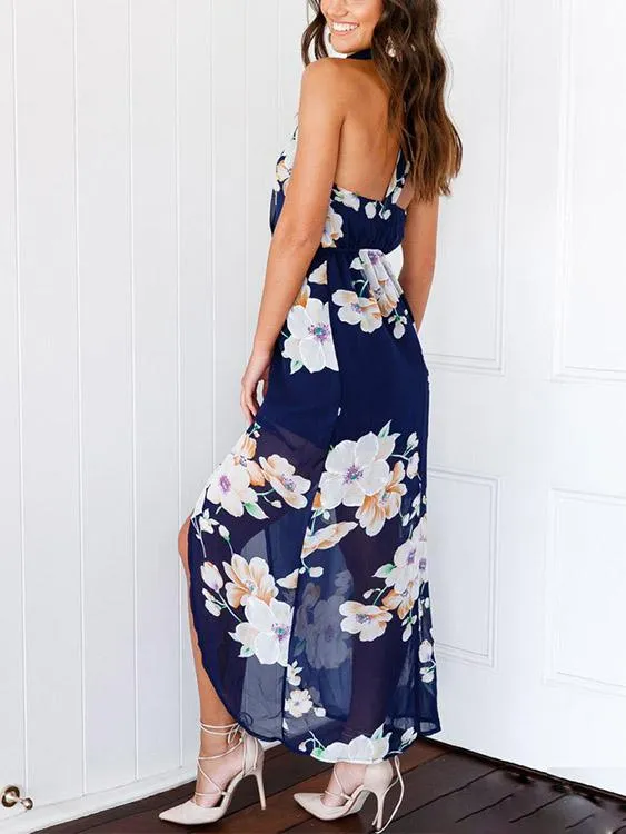 Wholesale Navy Halter Sleeveless Floral Print Backless Slit Hem Maxi Dress