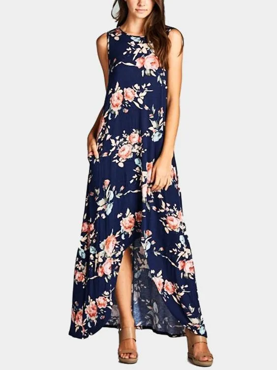 Wholesale Navy Round Neck Sleeveless Floral Print Irregular Curved Hem Maxi Dress