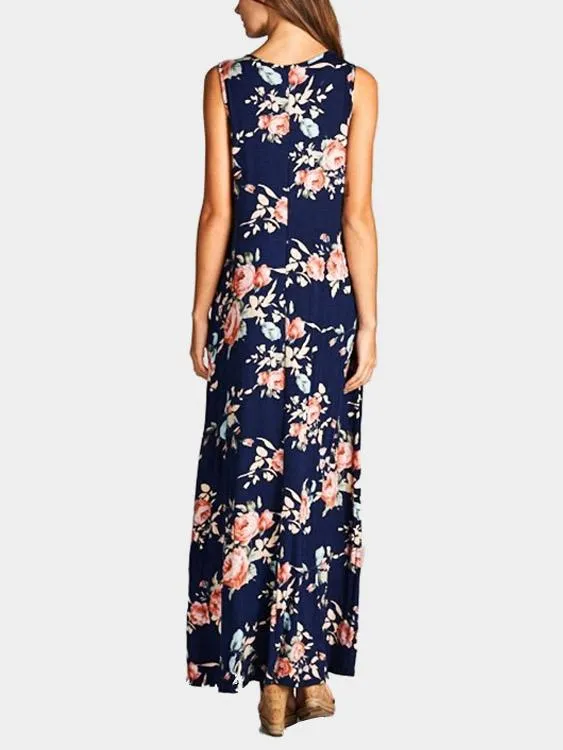 Wholesale Navy Round Neck Sleeveless Floral Print Irregular Curved Hem Maxi Dress