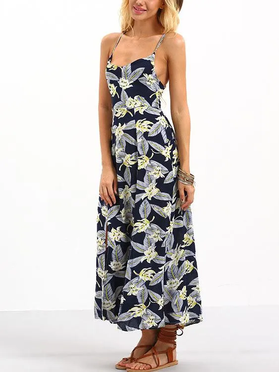 Wholesale Navy Sleeveless Floral Print Lace-Up Maxi Dress