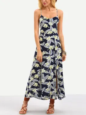 Wholesale Navy Sleeveless Floral Print Lace-Up Maxi Dress