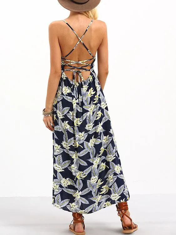 Wholesale Navy Sleeveless Floral Print Lace-Up Maxi Dress