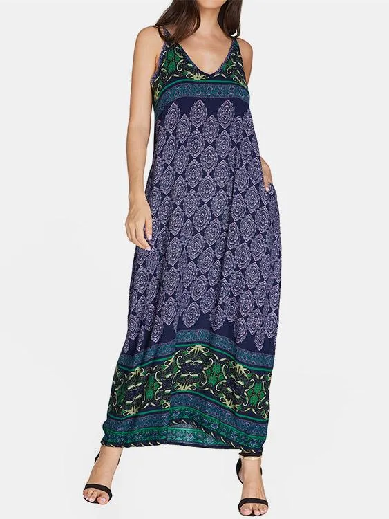 Wholesale Navy V-Neck Sleeveless Tribal Print Backless Maxi Dress