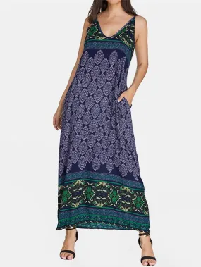 Wholesale Navy V-Neck Sleeveless Tribal Print Backless Maxi Dress