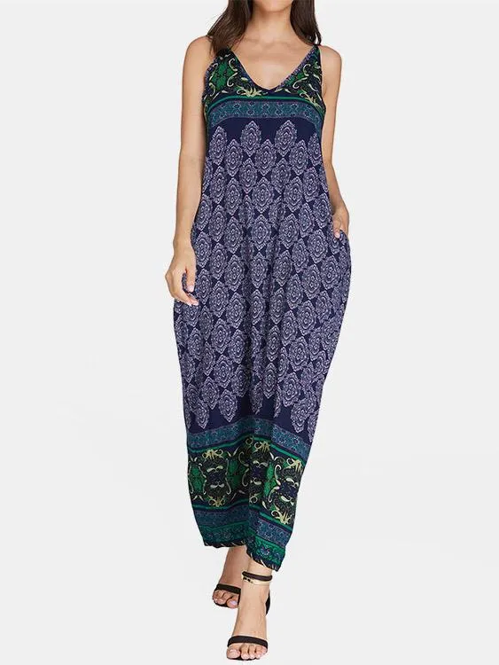 Wholesale Navy V-Neck Sleeveless Tribal Print Backless Maxi Dress