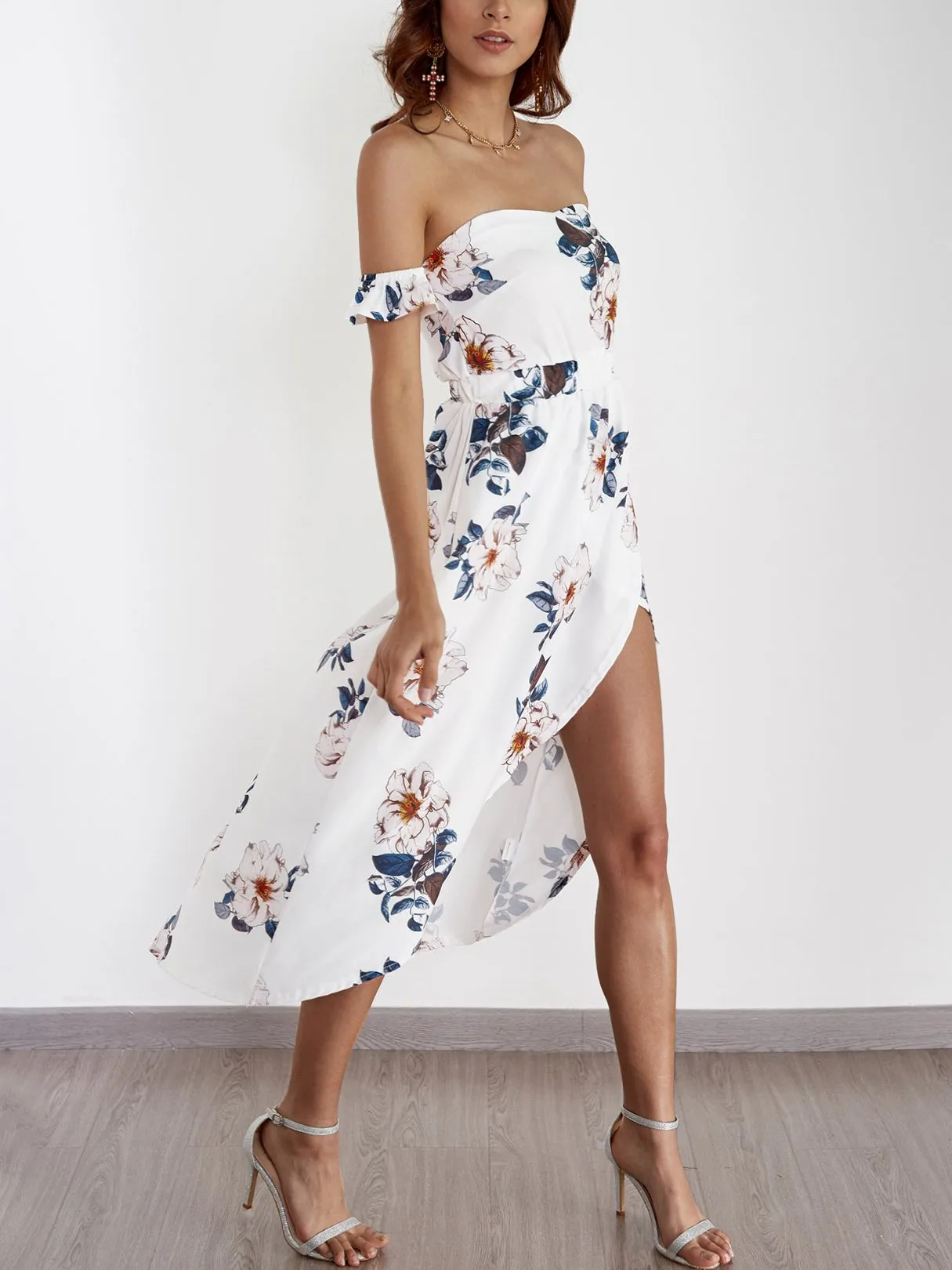 Wholesale Off The Shoulder Sleeveless Floral Print Backless Slit Hem Maxi Dresses