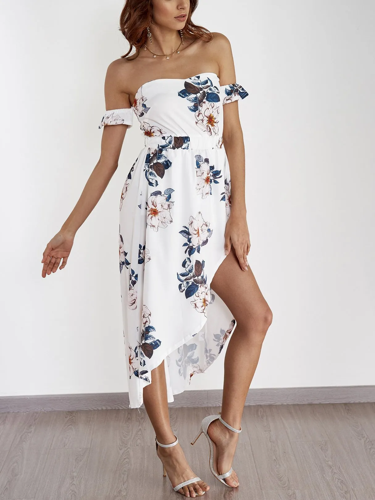 Wholesale Off The Shoulder Sleeveless Floral Print Backless Slit Hem Maxi Dresses