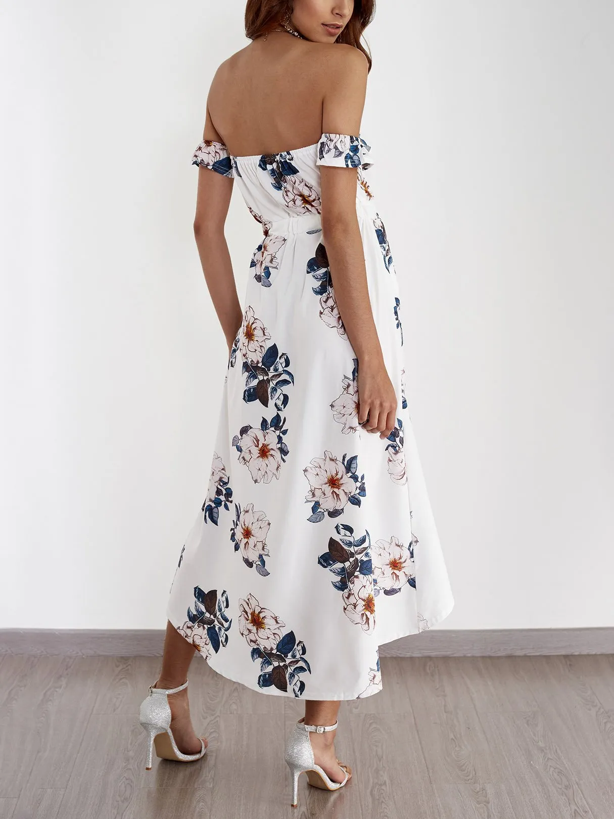 Wholesale Off The Shoulder Sleeveless Floral Print Backless Slit Hem Maxi Dresses