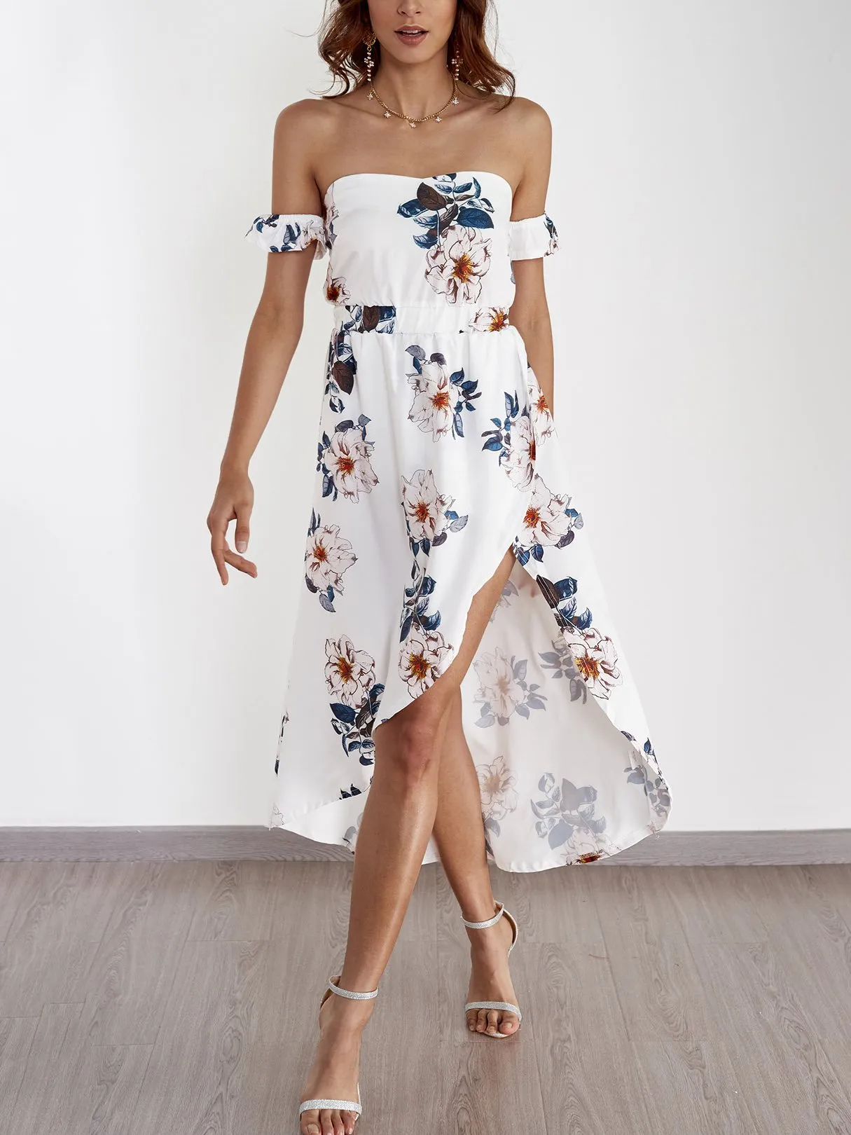 Wholesale Off The Shoulder Sleeveless Floral Print Backless Slit Hem Maxi Dresses