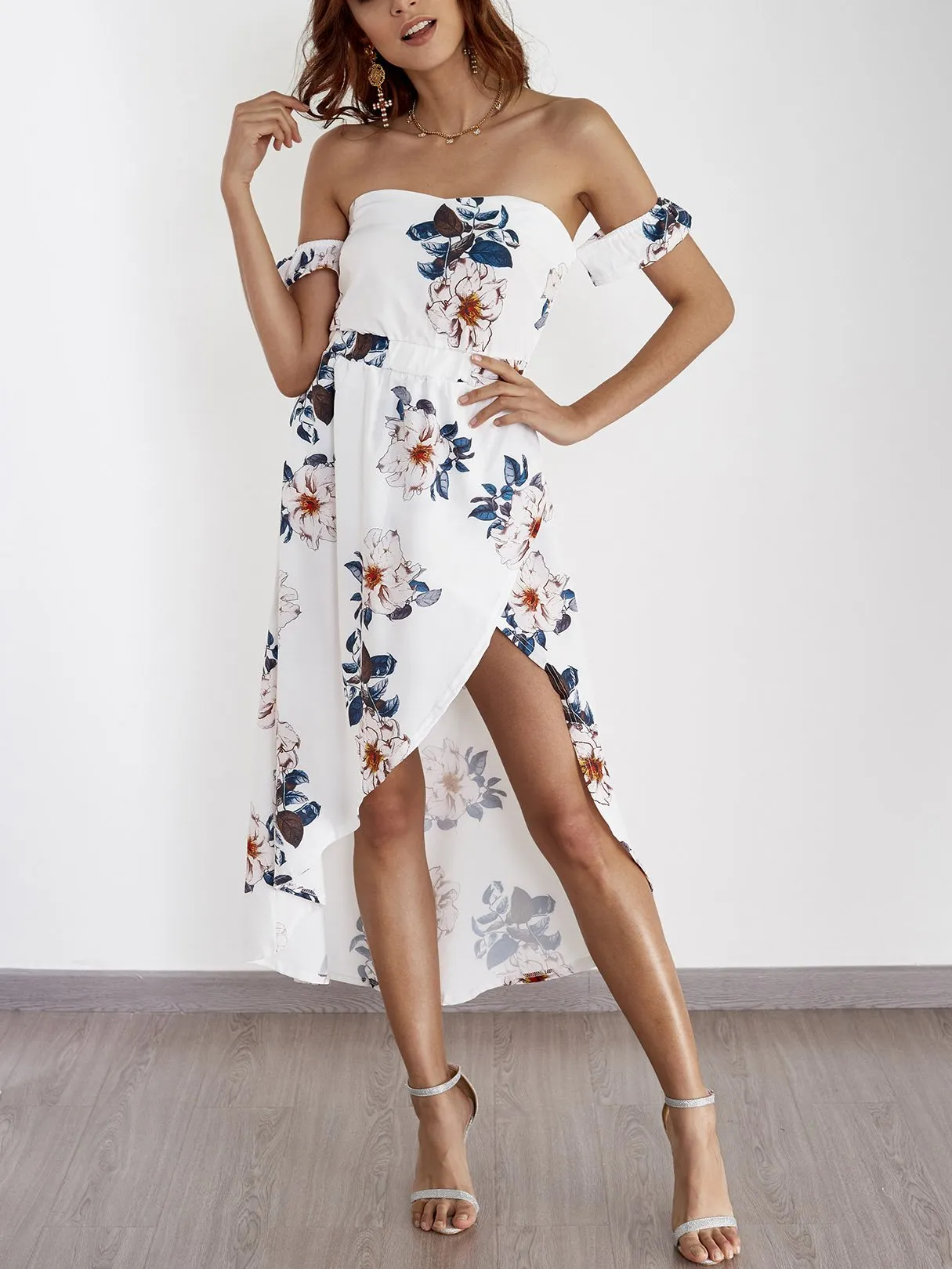 Wholesale Off The Shoulder Sleeveless Floral Print Backless Slit Hem Maxi Dresses