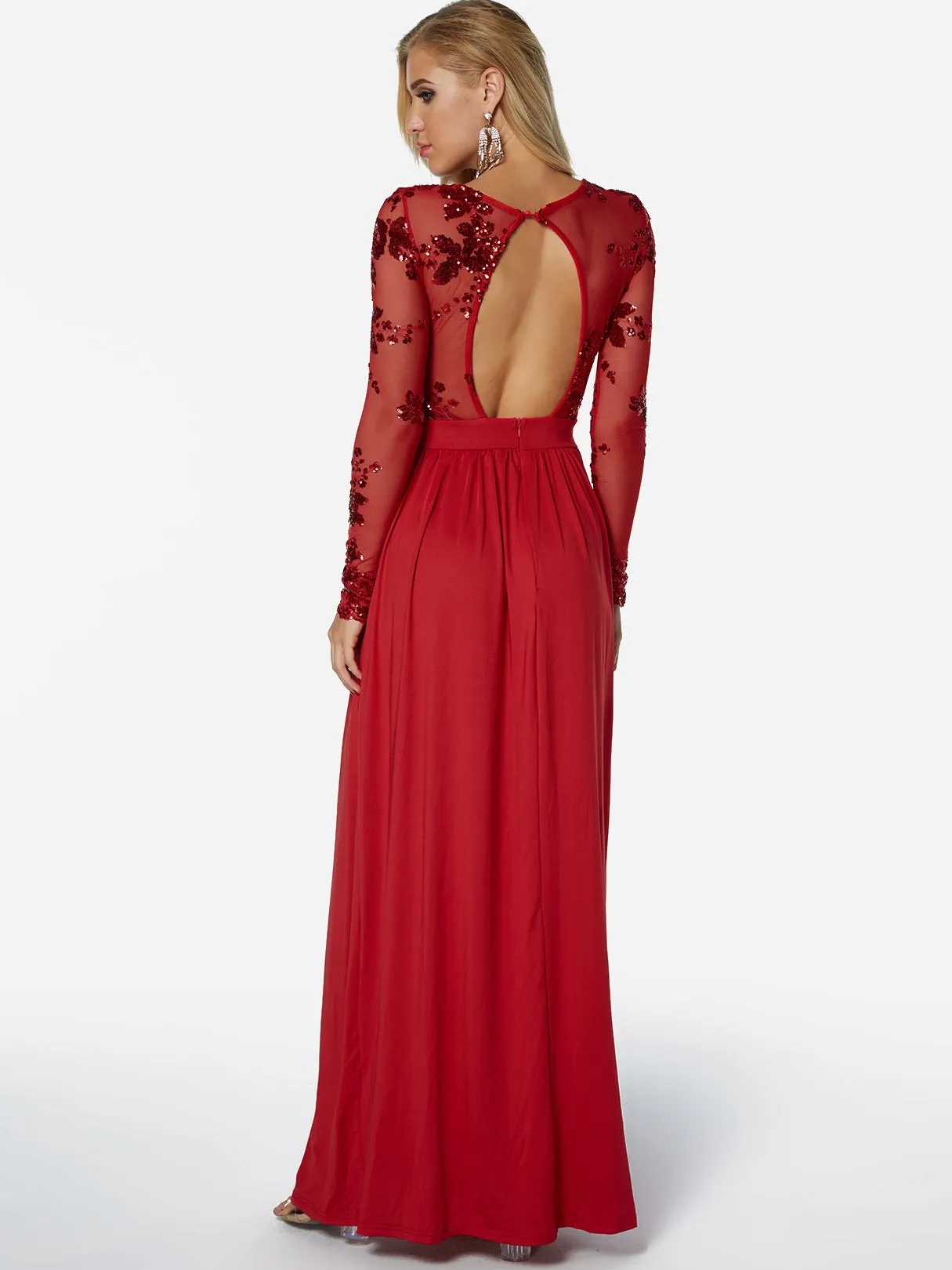 Wholesale Red Crew Neck Long Sleeve Backless Sequins Embellished See Through Slit Hem Maxi Dress