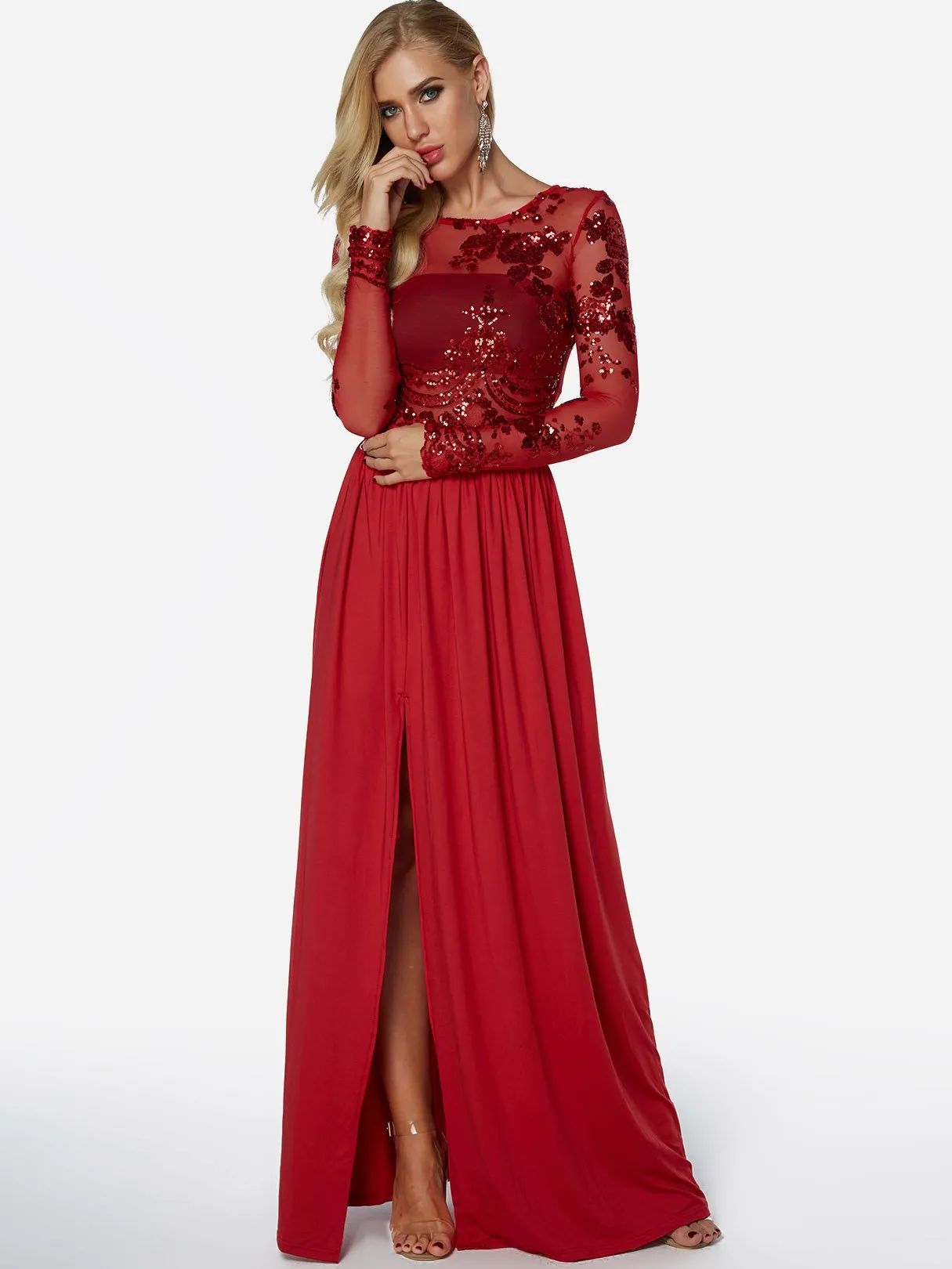 Wholesale Red Crew Neck Long Sleeve Backless Sequins Embellished See Through Slit Hem Maxi Dress