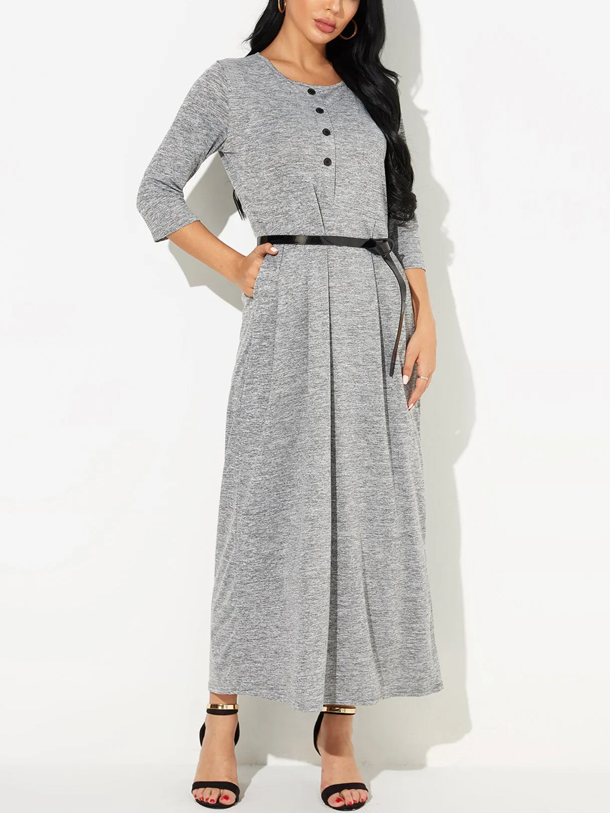 Wholesale Round Neck 3/4 Length Sleeve Maxi Dress