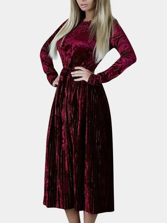 Wholesale Round Neck Long Sleeve Ruffle Hem Maxi Dress