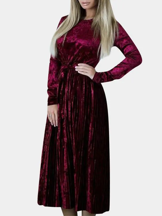 Wholesale Round Neck Long Sleeve Ruffle Hem Maxi Dress