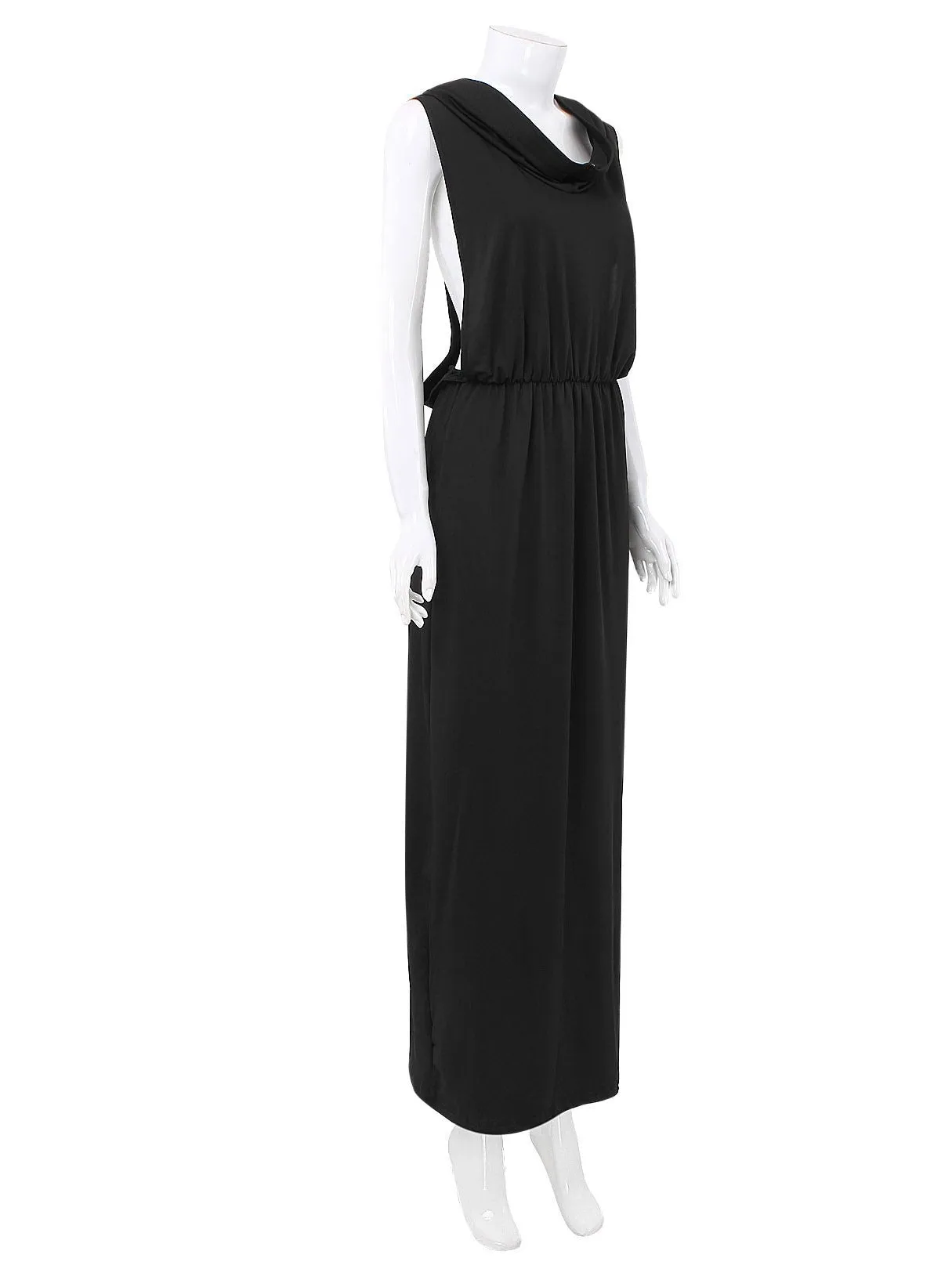 Wholesale Round Neck Sleeveless Plain Backless Hooded Slit Hem Maxi Dresses