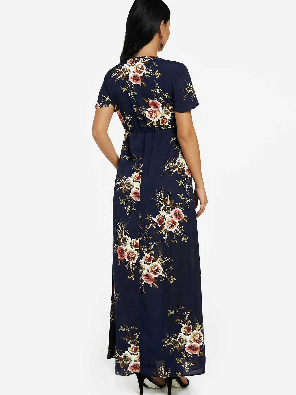 Wholesale Royal V-Neck Short Sleeve Floral Print Flounced Hem Maxi Dress