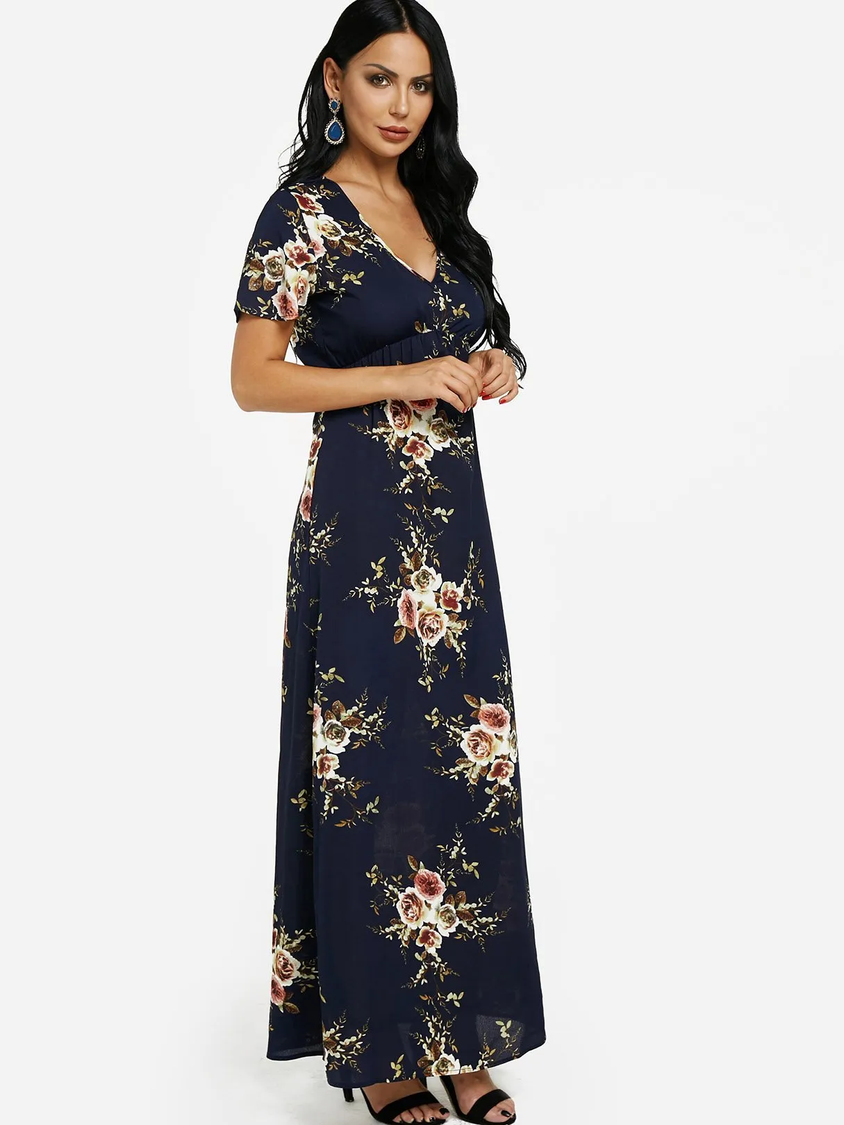 Wholesale Royal V-Neck Short Sleeve Floral Print Flounced Hem Maxi Dress