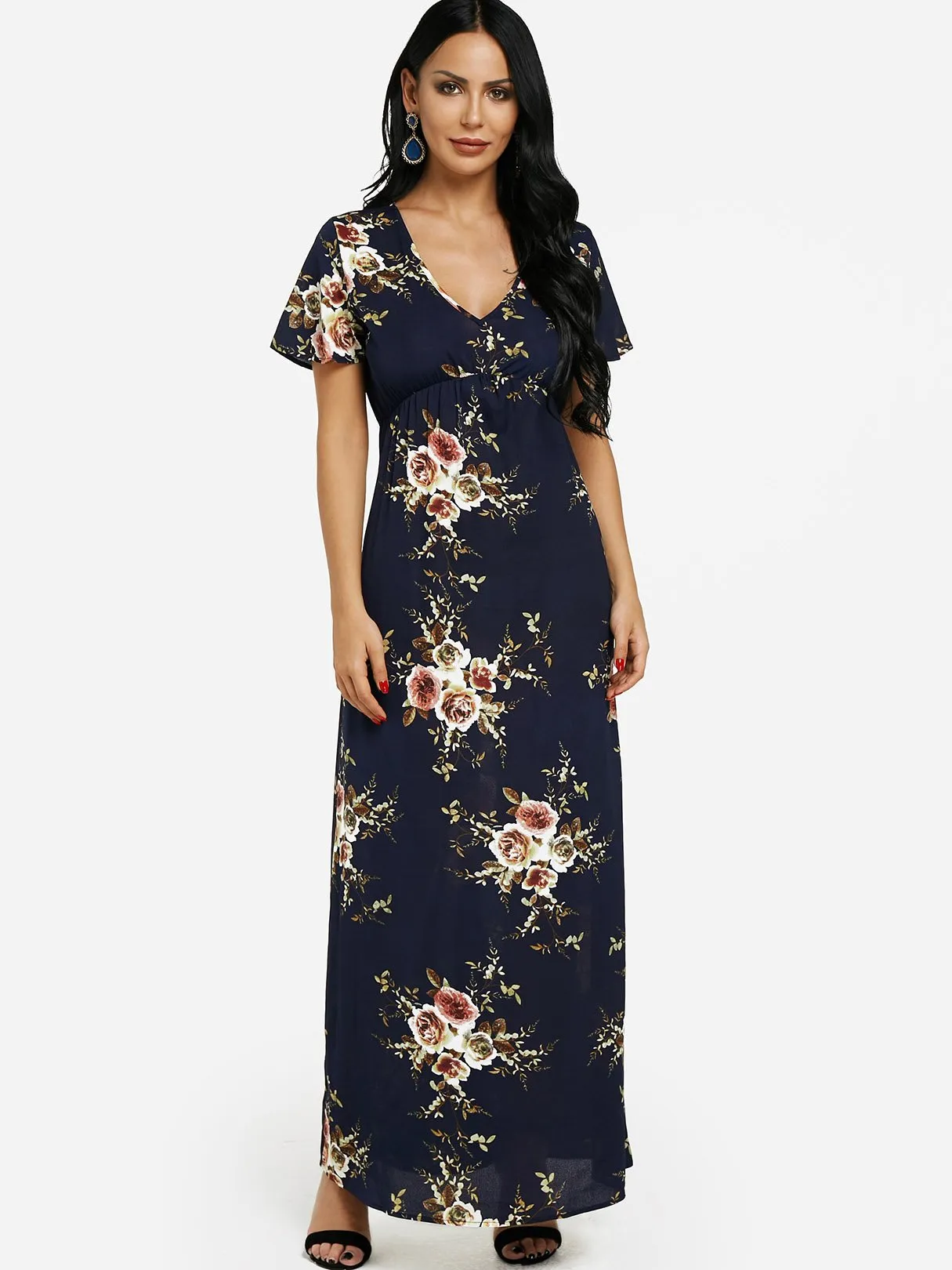 Wholesale Royal V-Neck Short Sleeve Floral Print Flounced Hem Maxi Dress