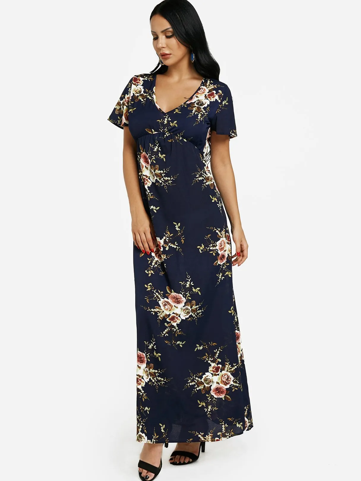 Wholesale Royal V-Neck Short Sleeve Floral Print Flounced Hem Maxi Dress