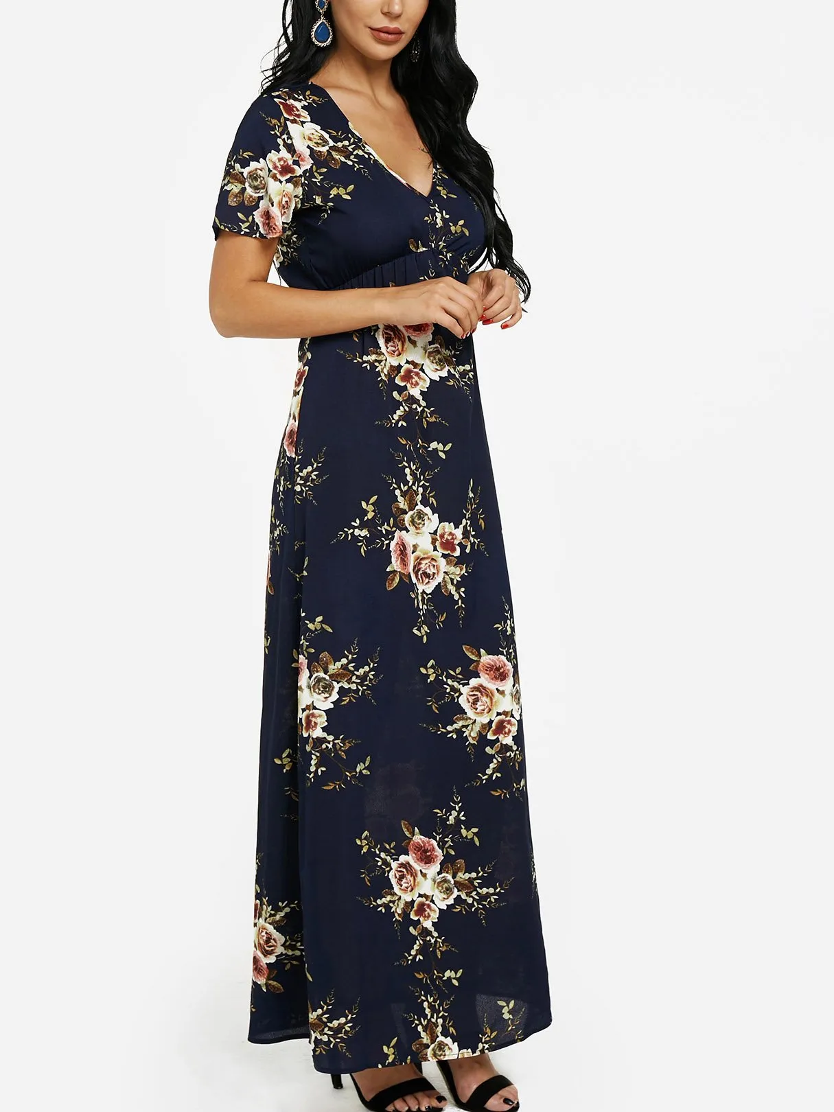 Wholesale Royal V-Neck Short Sleeve Floral Print Flounced Hem Maxi Dress