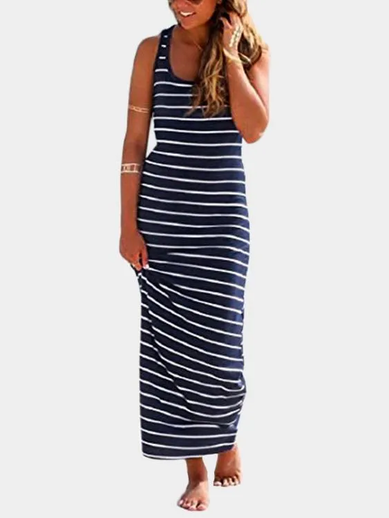 Wholesale Scoop Neck Sleeveless Stripe Maxi Dresses