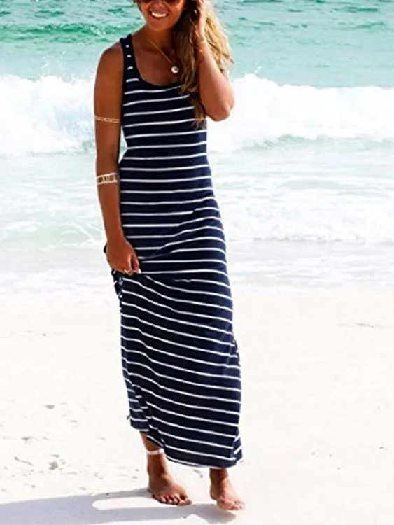 Wholesale Scoop Neck Sleeveless Stripe Maxi Dresses