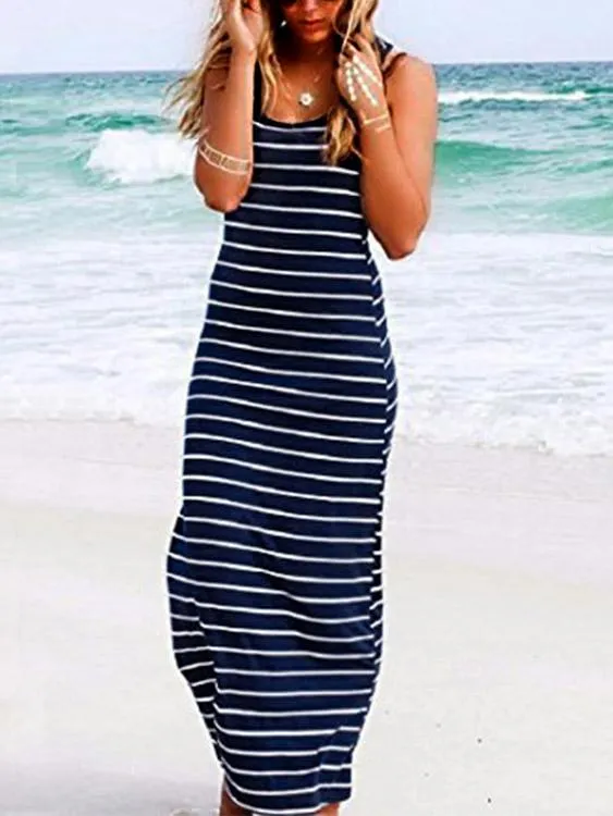 Wholesale Scoop Neck Sleeveless Stripe Maxi Dresses