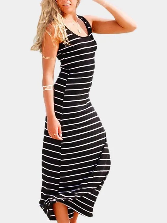 Wholesale Scoop Neck Sleeveless Stripe Maxi Dresses