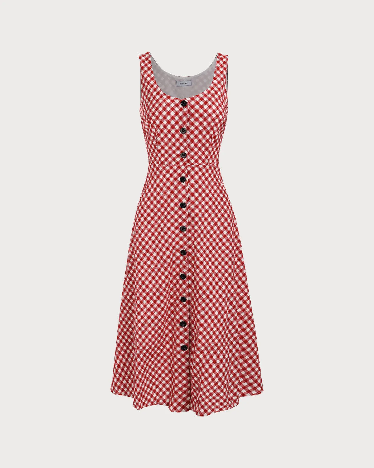 Women's Red U-Neck Plaid Midi Dress