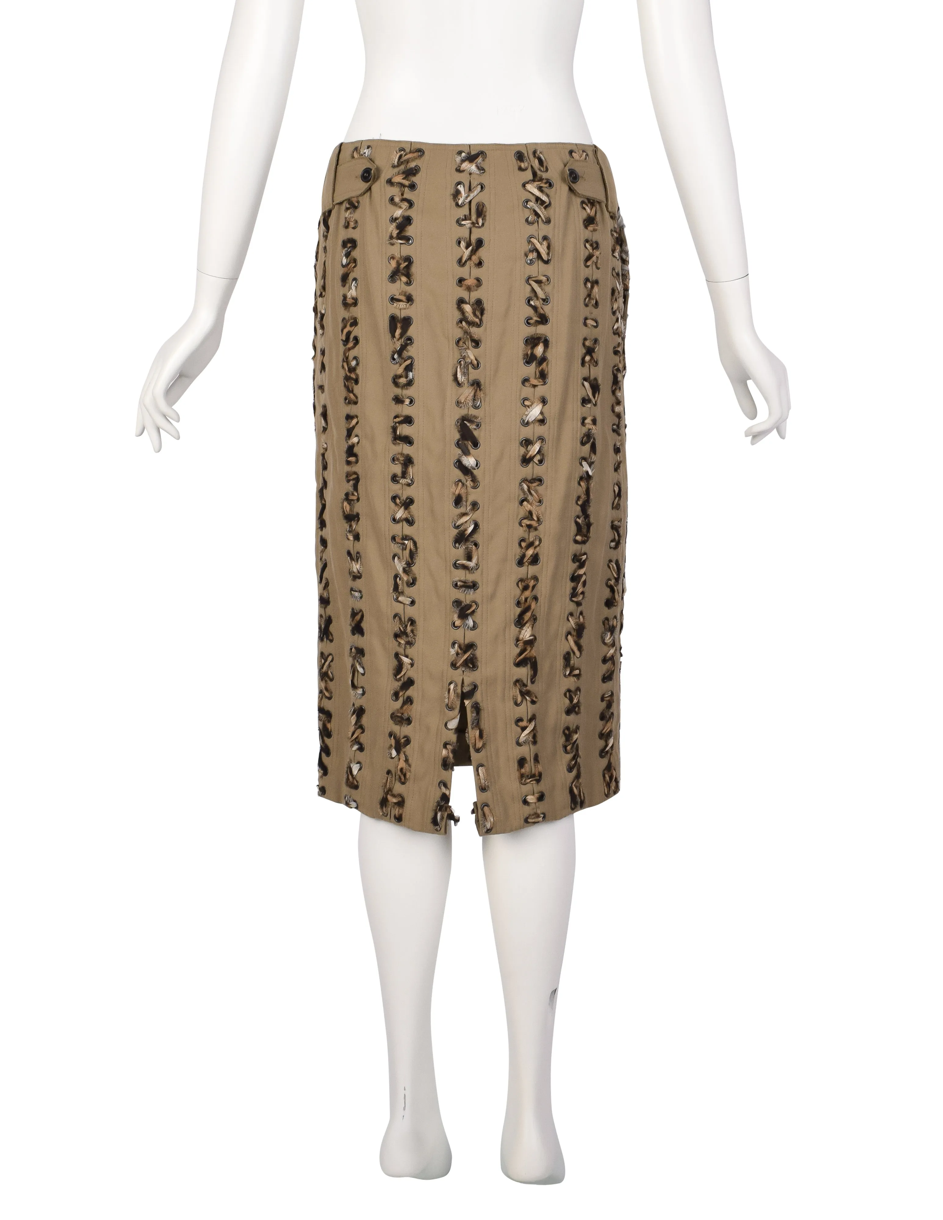 Yves Saint Laurent Vintage SS 2002 by Tom Ford Tan Denim Animal Print Silk Lace Up Skirt