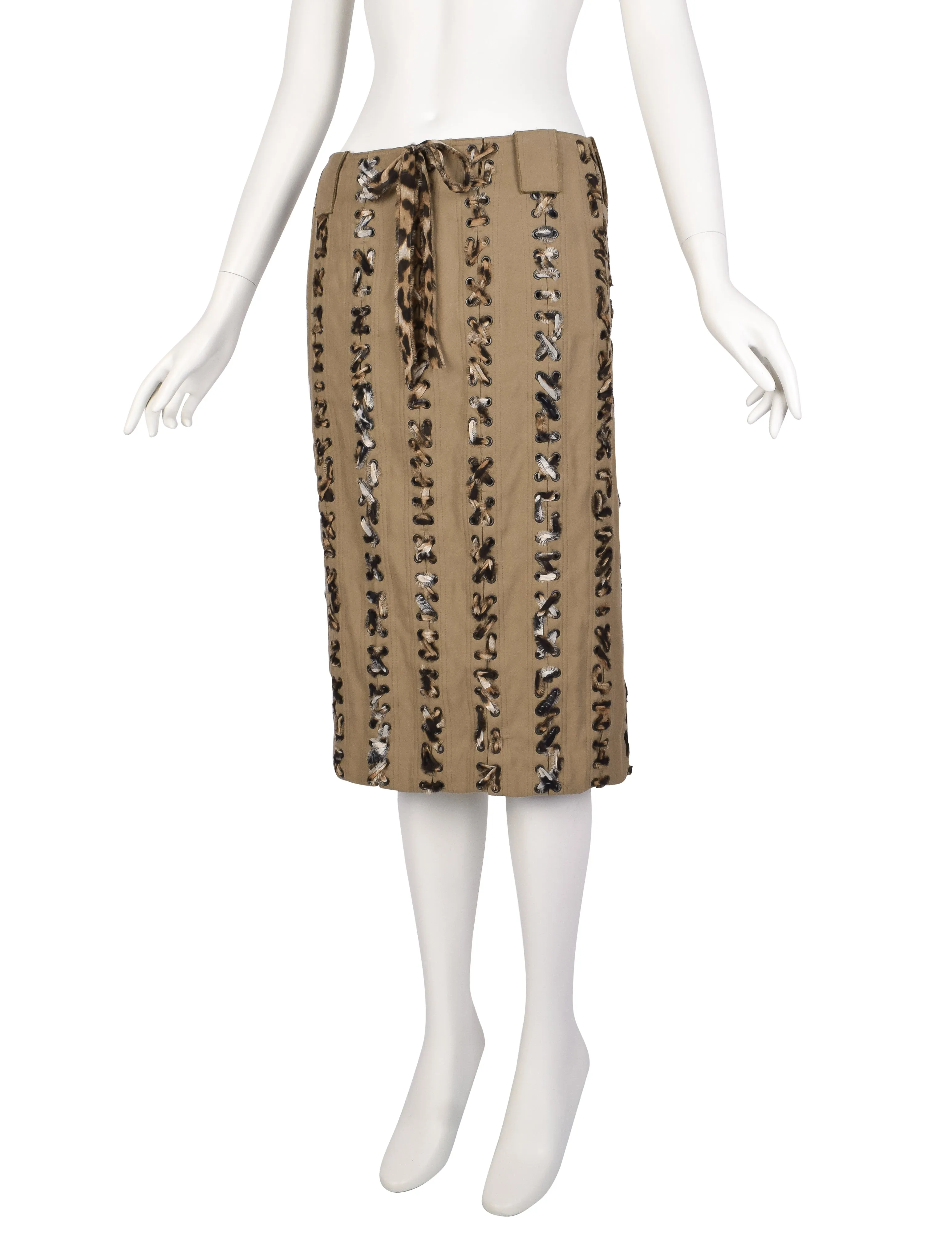 Yves Saint Laurent Vintage SS 2002 by Tom Ford Tan Denim Animal Print Silk Lace Up Skirt